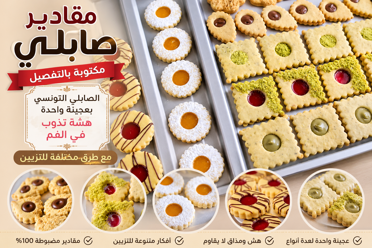 مقادير صابلي مكتوبة بالتفصيل | الصابلي التونسي بعجينة واحدة هشّة تذوب في الفم مع طرق مختلفة للتزيين